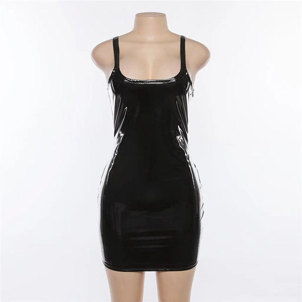 Women's Leather Short Dress Bodycon Soft Faux Leather Night Club Dress Sexy Slim Retro Short Mini Dress