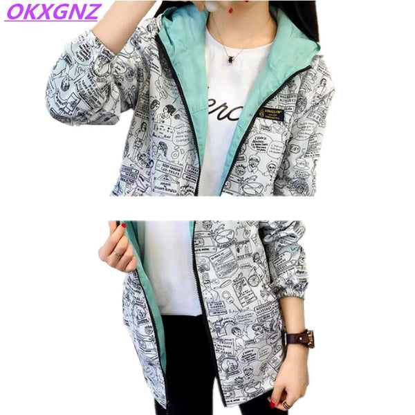 Basic Jacket Pocket Zipper Hooded Two Side Wear Cartoon Print Outwear Loose Coat