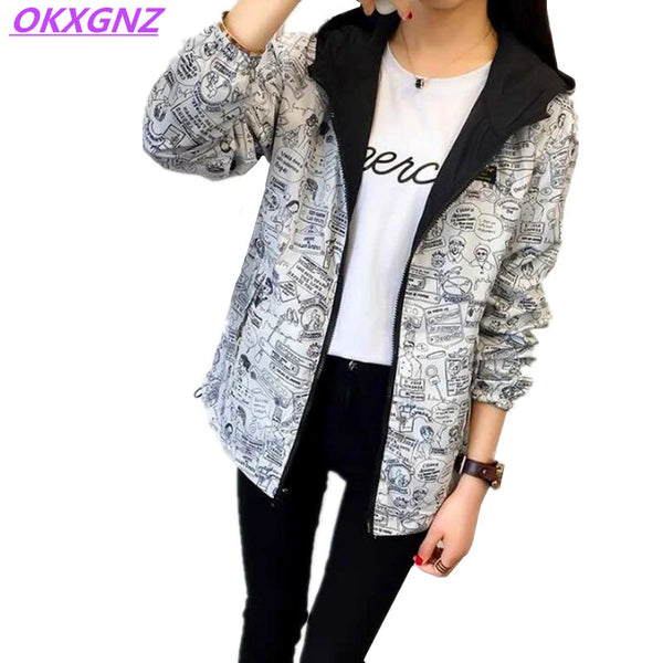 Basic Jacket Pocket Zipper Hooded Two Side Wear Cartoon Print Outwear Loose Coat