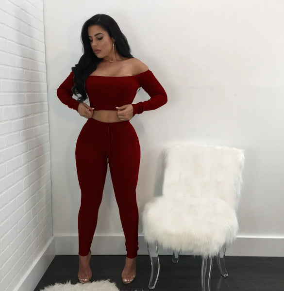 Women long sleeve crop top full pants 2 piece set for female women off shoulder two pieces sets women two piece set S M L XL XXL