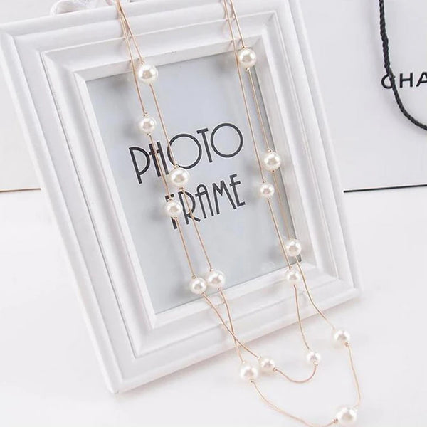 New Long Double Layer Simulated Pearl Necklace Women Sweater Chain  Female Statement Jewelery