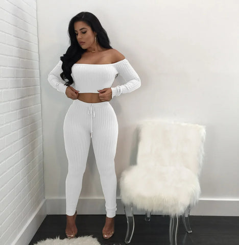 Women long sleeve crop top full pants 2 piece set for female women off shoulder two pieces sets women two piece set S M L XL XXL