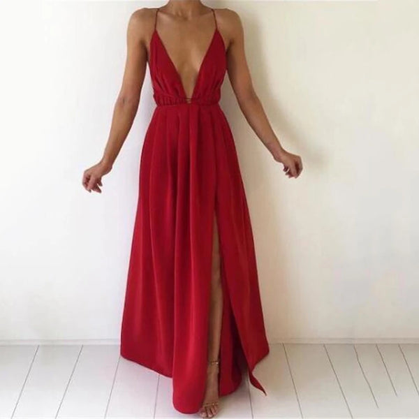 Maxi Solid Color Sexy Deep V-Neck Sleeveless Spaghetti Strap Backless High Split Long Sundress