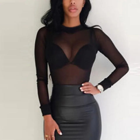 Women Sexy Blouses See Through Transparent Mesh Stand Neck Long Sleeve Sheer Blouse Shirt