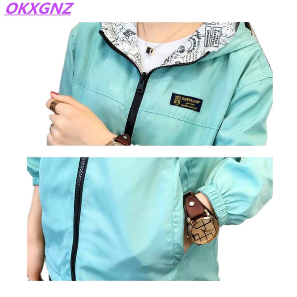 Basic Jacket Pocket Zipper Hooded Two Side Wear Cartoon Print Outwear Loose Coat