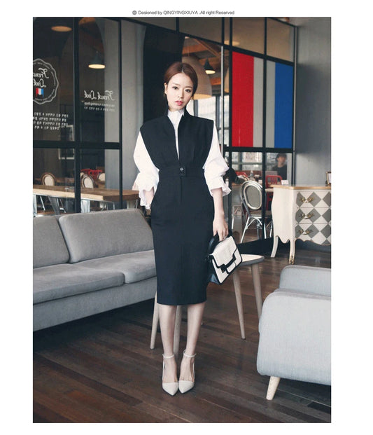 2 Pieces Suit Dress Women Sets Full Flare Sleeve Ruffles White Blouse Top High Waist Slim Bodycon Pencil Midi Office Work