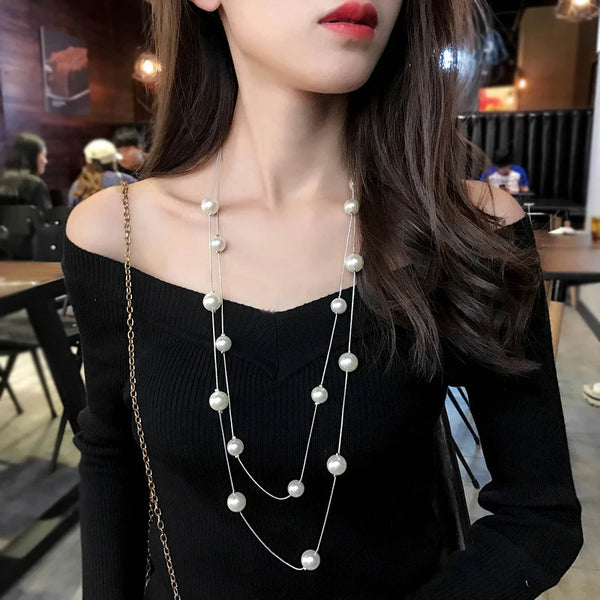 New Long Double Layer Simulated Pearl Necklace Women Sweater Chain  Female Statement Jewelery