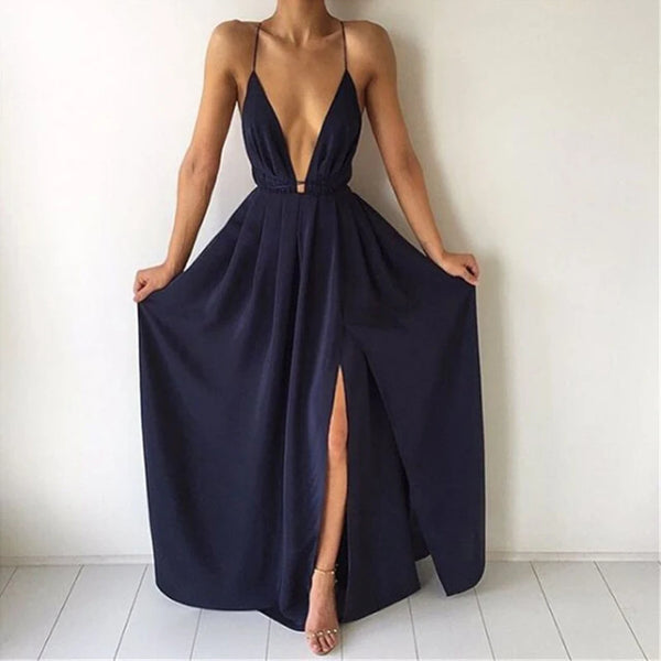 Maxi Solid Color Sexy Deep V-Neck Sleeveless Spaghetti Strap Backless High Split Long Sundress