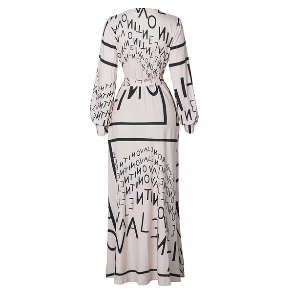 Sexy Women Long Maxi V-neck Lantern Long Sleeves Letter Print Beach Split Style Dress