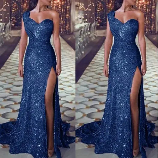 Bronzing Floor Maxi Dress Women Fashion Single Spaghetti Straps Evening Party Split Dress