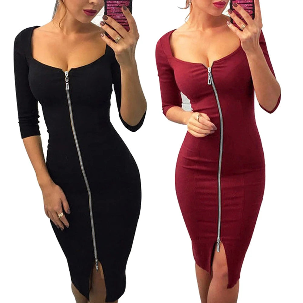 Newest Sexy Solid Color Zip Up V Neck Elbow Sleeve Bodycon Stretchy Party Christmas Elegant Dress