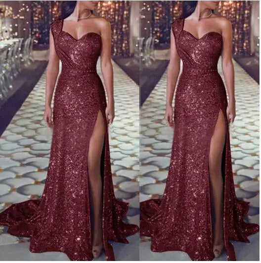 Bronzing Floor Maxi Dress Women Fashion Single Spaghetti Straps Evening Party Split Dress