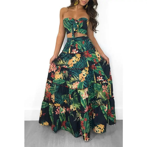 Women print ruffles crop top women tops long skirt 2 piece set for female women summer beach two pieces sets skirts women sets