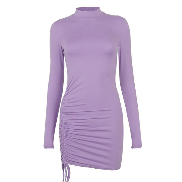 Fashion Women's Autumn Sexy Bodycon Mini Dress Long Sleeve Stand Neck Solid Color Drawstring Club One Piece Dress