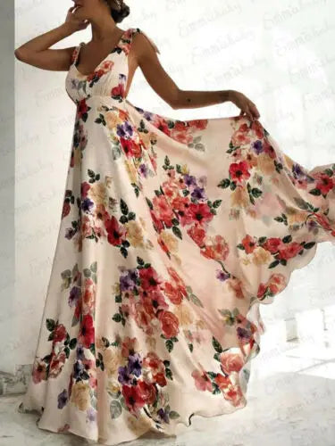 Newly V Neck Sundress Sexy Long Backless Evening Party Printed Travel Beach Dress