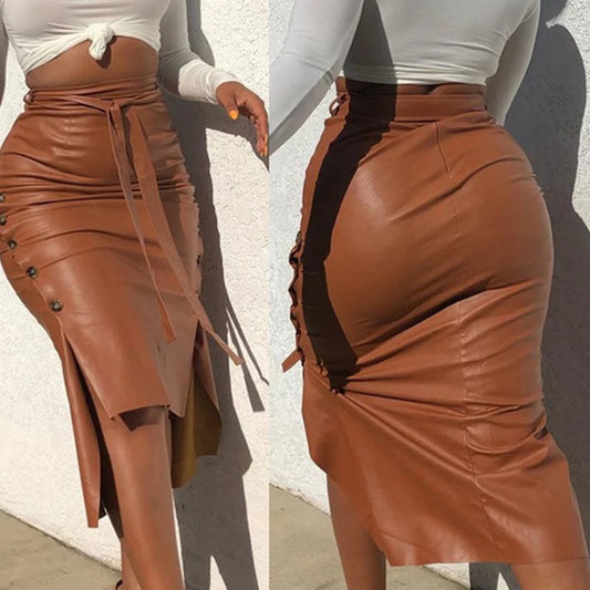 Women Skirt Drawstring High Waist Pleated Asymmetrical Outfits Elegant Ladies Solid Bag Hip Clothing PU Leather