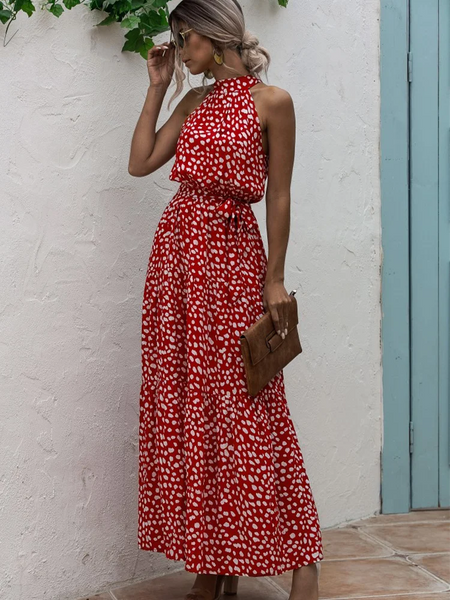 Polka Dot Printing Casual Hanging Neck Off-shoulder Swing Dress Large Summer Elegant