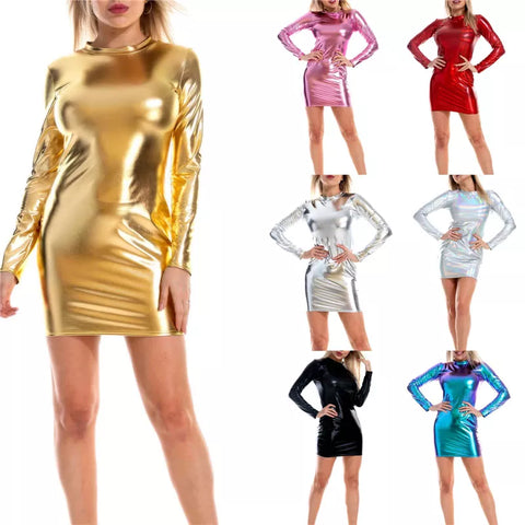 PU Leather Bodycon Mini Shiny Metallic Long Sleeve Round Neck Club Dress