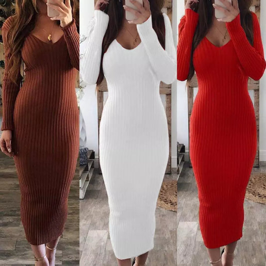 Hot Sale ！ Christmas Casual Dresses for Women 2021 Sexy Women Long Sleeve V Neck Backless Ribbed Bodycon Slim Knitted Midi Dress