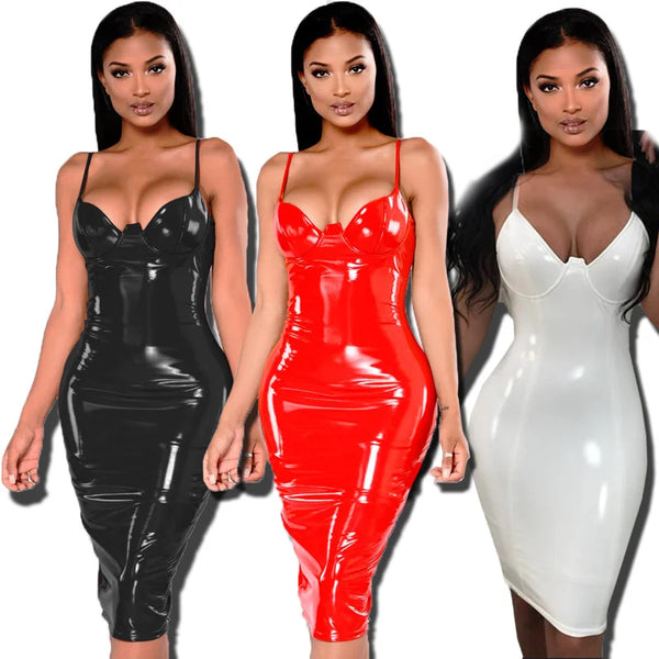 Sexy Winter PVC Wet Look Leather Red Black Knee Length Zipper Black Club Dress