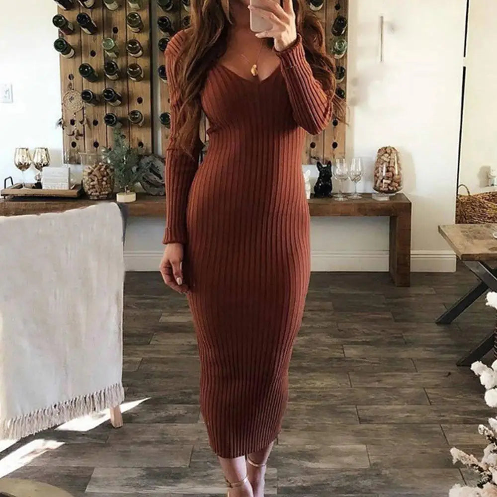 Hot Sale ！ Christmas Casual Dresses for Women 2021 Sexy Women Long Sleeve V Neck Backless Ribbed Bodycon Slim Knitted Midi Dress
