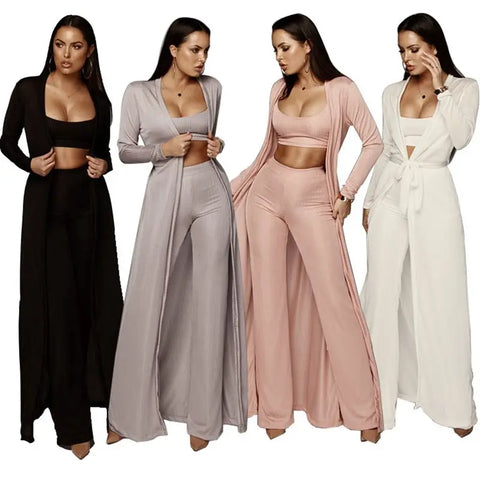 3 piece set women bandage lace up long sleeve cardigan coat loose wide leg pants tube top 3 piece set for female women's suits