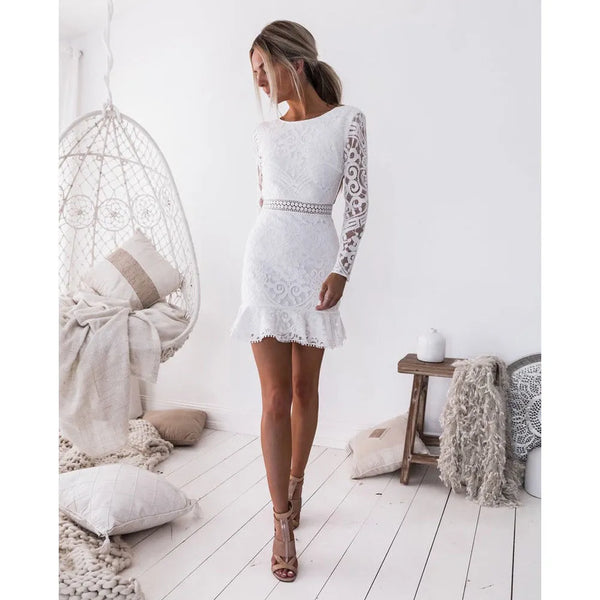 Women Sexy Long Sleeves Evening Party Short Mini White Dress Bodycon Backless Dress Plus Size