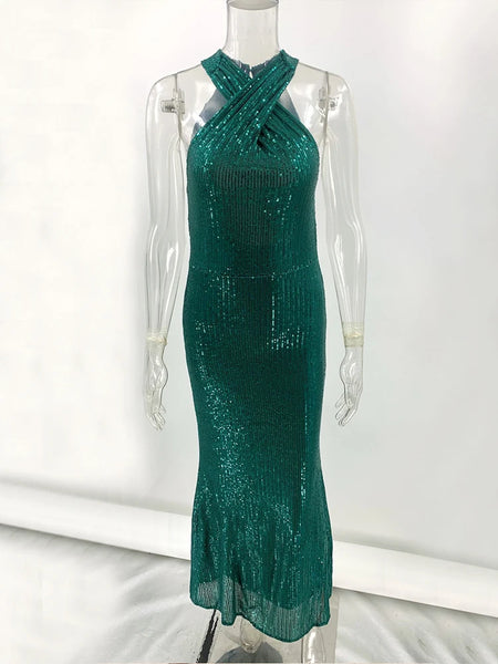 Party Sexy Sequin Night Off Shoulder Sleeveless Bodycon Evening Maxi Dress