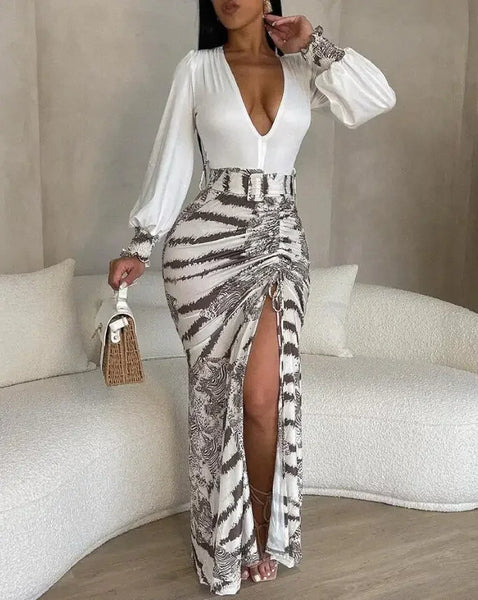 Tie Dye Print Plunge High Slit Drawstring Maxi Long Loose Deep V Neck Sexy High Waist Dress