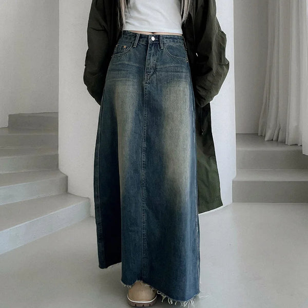 American Style Denim Skirt Women's New Style Washed And Made Old Pockets, Raw Hem, Knee-length Casual A-line Long Skirt