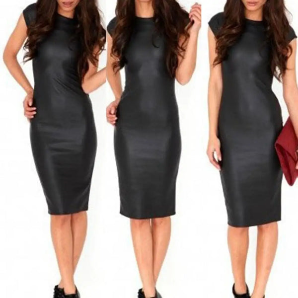 Sexy PU Leather Short Sleeve Bodycon Midi Office Black Sexy Club Pencil Party Dress