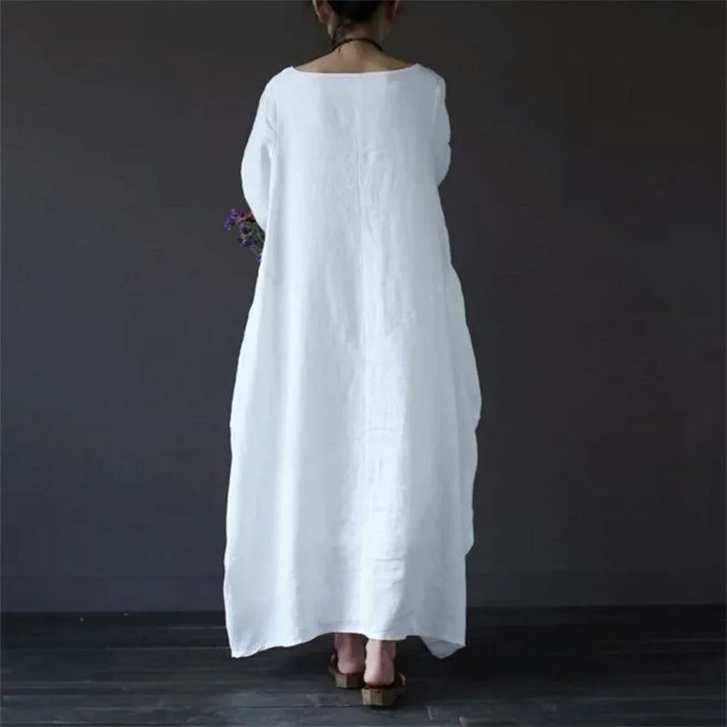 New Loose Size Round Neck Mid-Sleeve Large Swing Cotton And Linen Long Dress