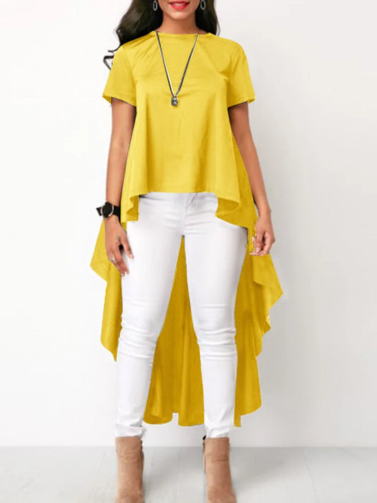 Asymmetrical Top Casual Pullover Minimalist Solid Short Sleeve Blouse