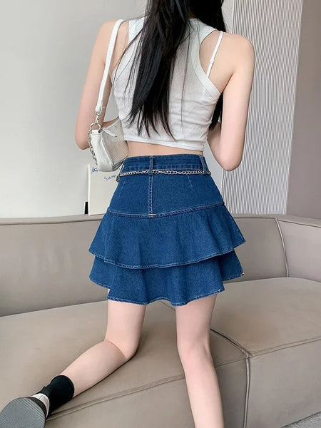 Vintage Woman Denim Shorts Skirt Streetwear All Match Washed Kawaii Ball Gown Ruffles Mini Jeans