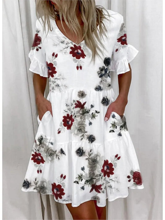 Fashion Ruffles V-Neck Loose Mini Elegant Short Sleeve Pockets Floral Print Dress