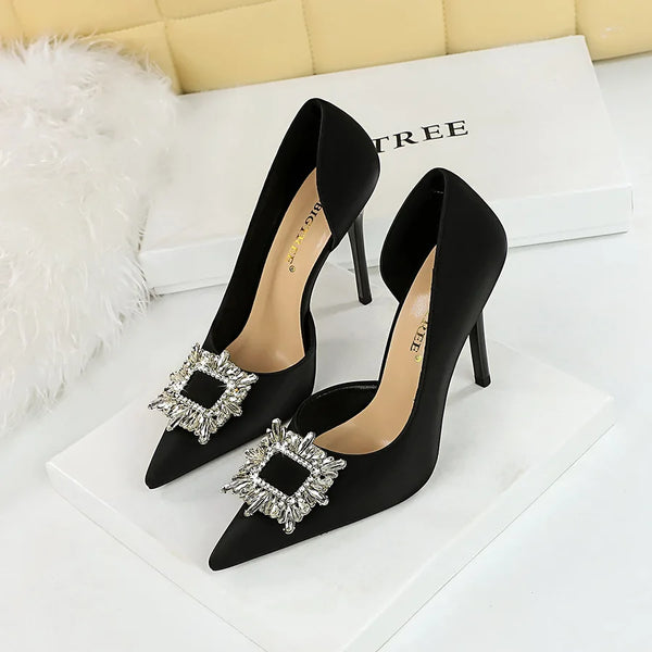 BIGTREE Blue Black Fashion Crystal Square Buckle Women Pumps Side Hollow Sexy Pointed High Heels Ladies Wedding Shoes Party Slim