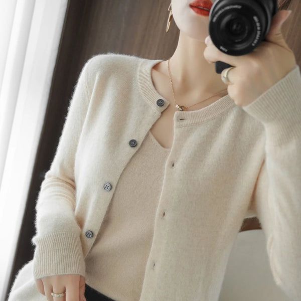 Women's Sweater Hot Selling Round Neck Long Sleeve Basic Coat Women's Cardigan Jacket 100% Wool Knitted Top Pullover