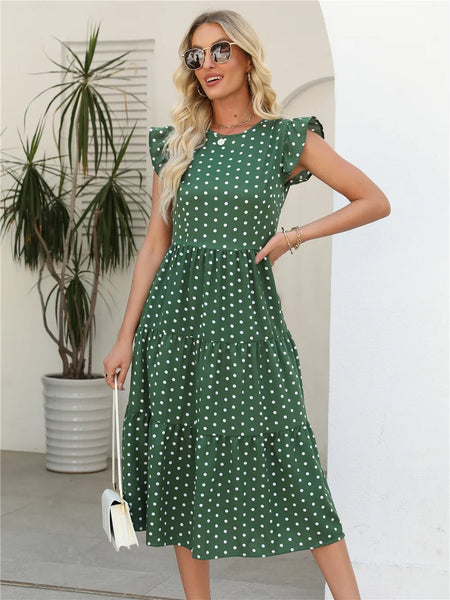 Elegant Women's O Neck Sleeveless Midi High Waist Polka Dot A Line Chic Long Dress