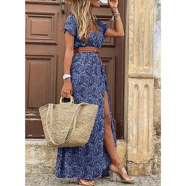 Long Dress Short Sleeve Belt Color Printed V-neck Slit Robe Dress Casual Commuting Vacation