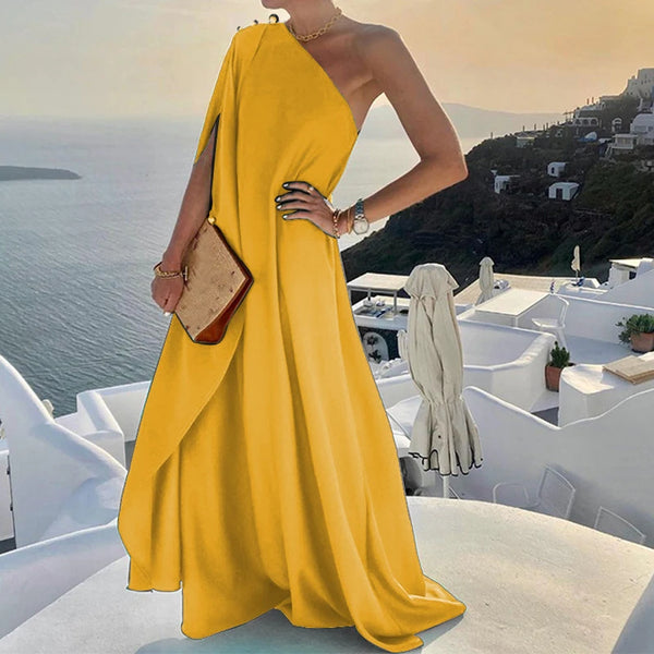 Elegant Solid One Shoulder Big Hem Skew Collar Backless Beach Women Irregular Loose Slit Maxi Dress