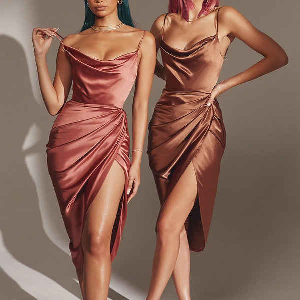 New Asia Satin Drawstring Spaghetti Straps Cowl Neck Backless Long Dress for Party