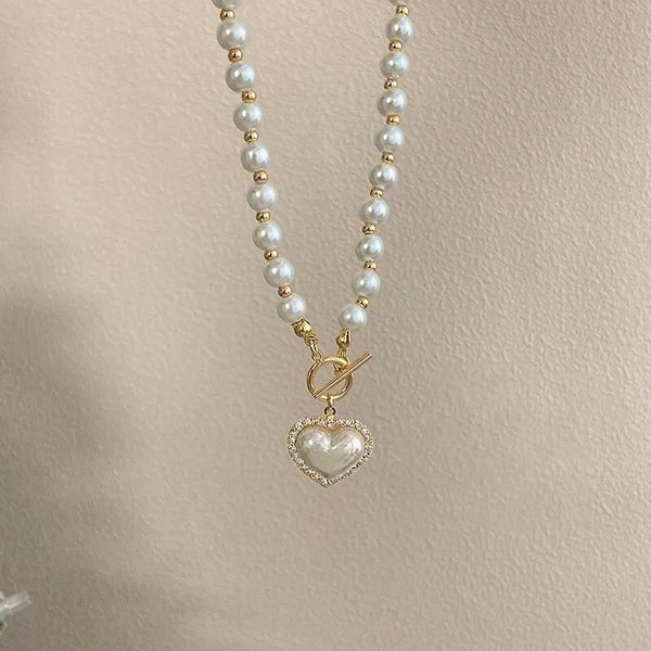 Elegant Pearl Necklace For Women Heart Pendant Luxury Imitation Pearls Chain Necklace Korean Jewelry Gifts