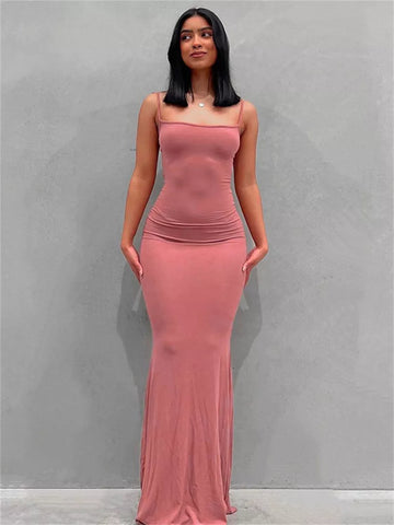 wsevypo Spaghetti Strap Bodycon Long Dress Women Sleeveless Wrapped Fish Tail Dress Solid Color Club Streetwear