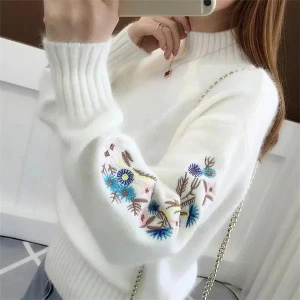 Women Knitted Sweater Floral Embroidery Thick Sweater Pullover New Long Sleeve