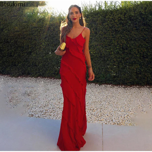 Women's Ruffles Chiffon Maxi Dress Backless Split Sexy Prom Red Long Wedding Party Dress Elegant