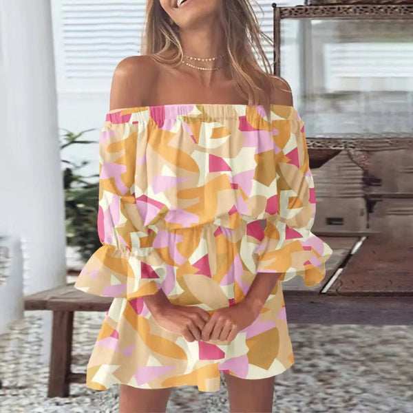 Dress for Women Sexy Off Shoulder Floral Print Flare Sleeve Tunic Dress Women Casual Mini