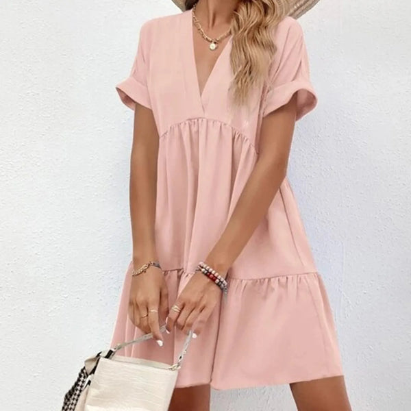 Casual Short Sleeve Mini Spring Summer V-neck Loose Cute Solid Big Hem Beach Dress