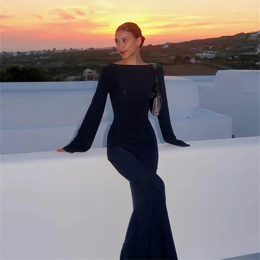 Fashion Women Wrapped Dress Long Sleeve Round Neck See Through Sunscreen Solid Color Backless Beach Long Dress Summer Cover Up