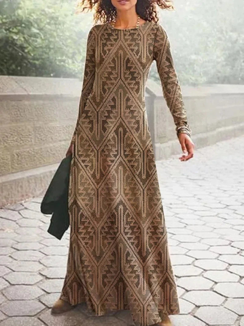 Women's Vintage Boho 3D Geometric Print Dress New Skirt O Neck Long Sleeve Loose Waist Dresses Lady Robe Long Skirt