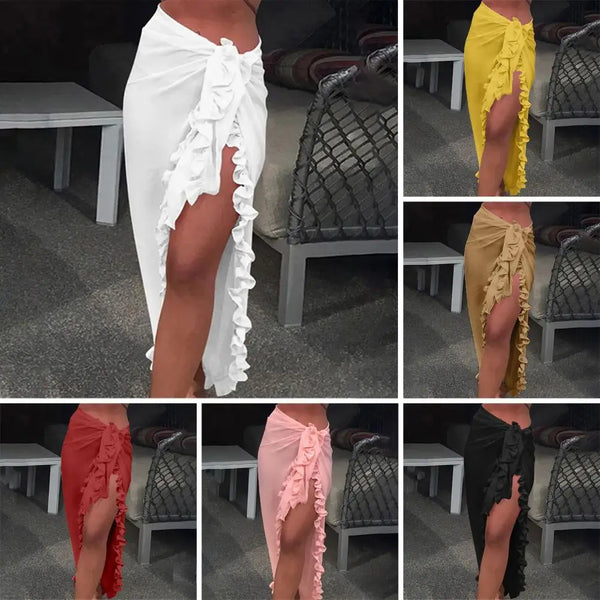 Women Beach Skirt Ruffle Cover Up Skirt Solid Color High Split Lace Up Beachwear Sunscreen Mid-calf Length Lady Bikini Skirt